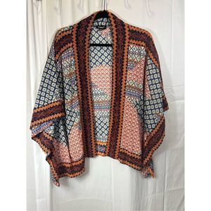 Tolani OS hip length kimono blues oranges pinks embroidered trim- no flaws, bare